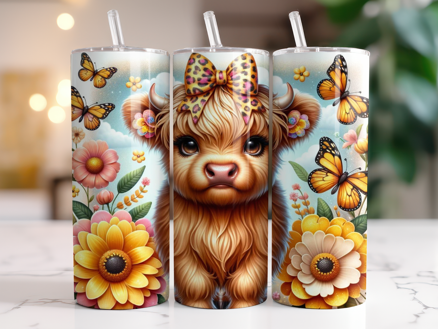 20 oz Stainless steel tumbler Floral Highland Cow