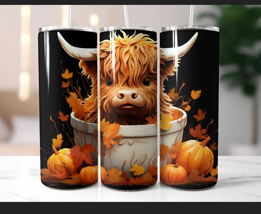 20 oz Stainless steel tumbler Fall Highland Cow with Pumpkins