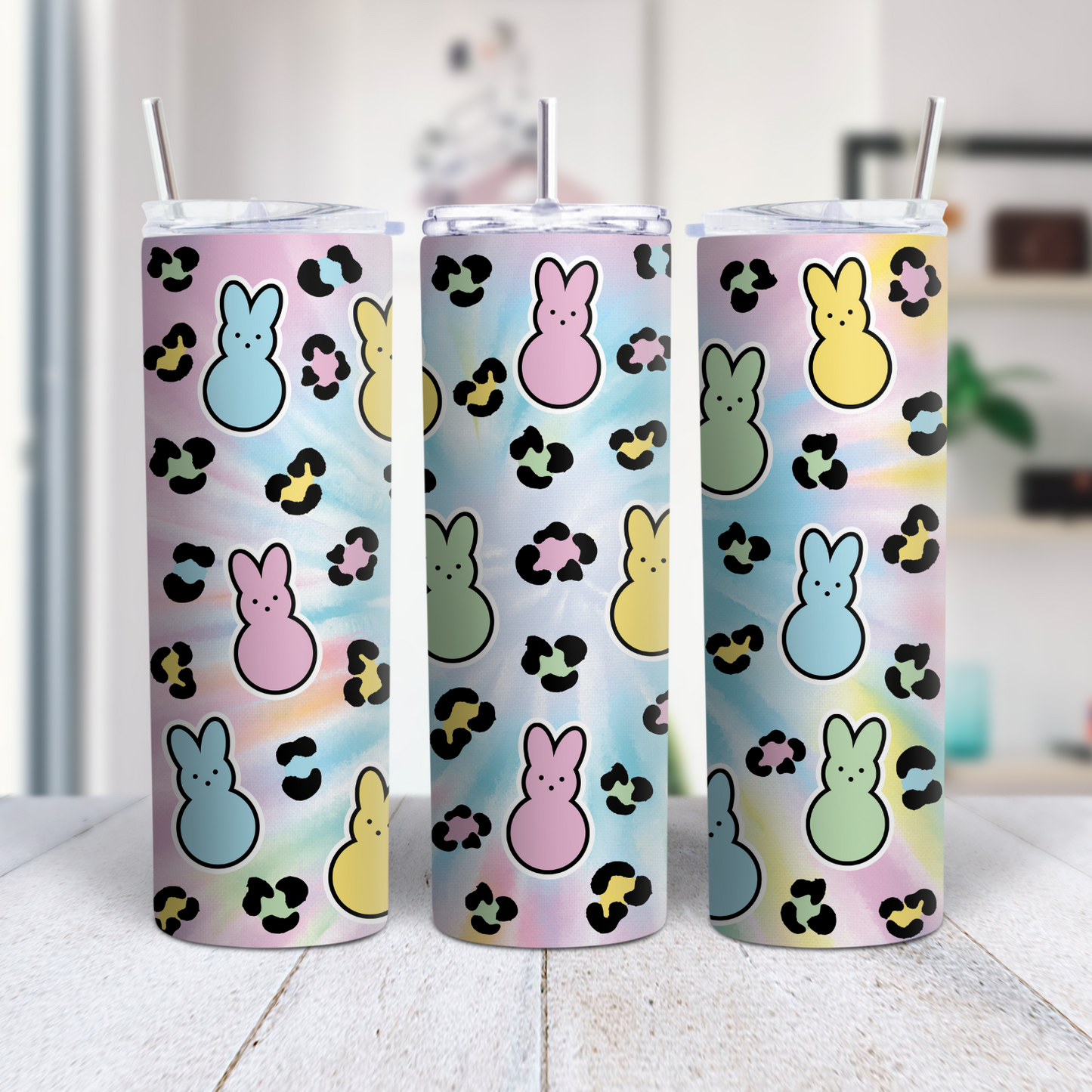 20 oz Stainless steel tumbler. Easter Bunny Tye Dye Leopard