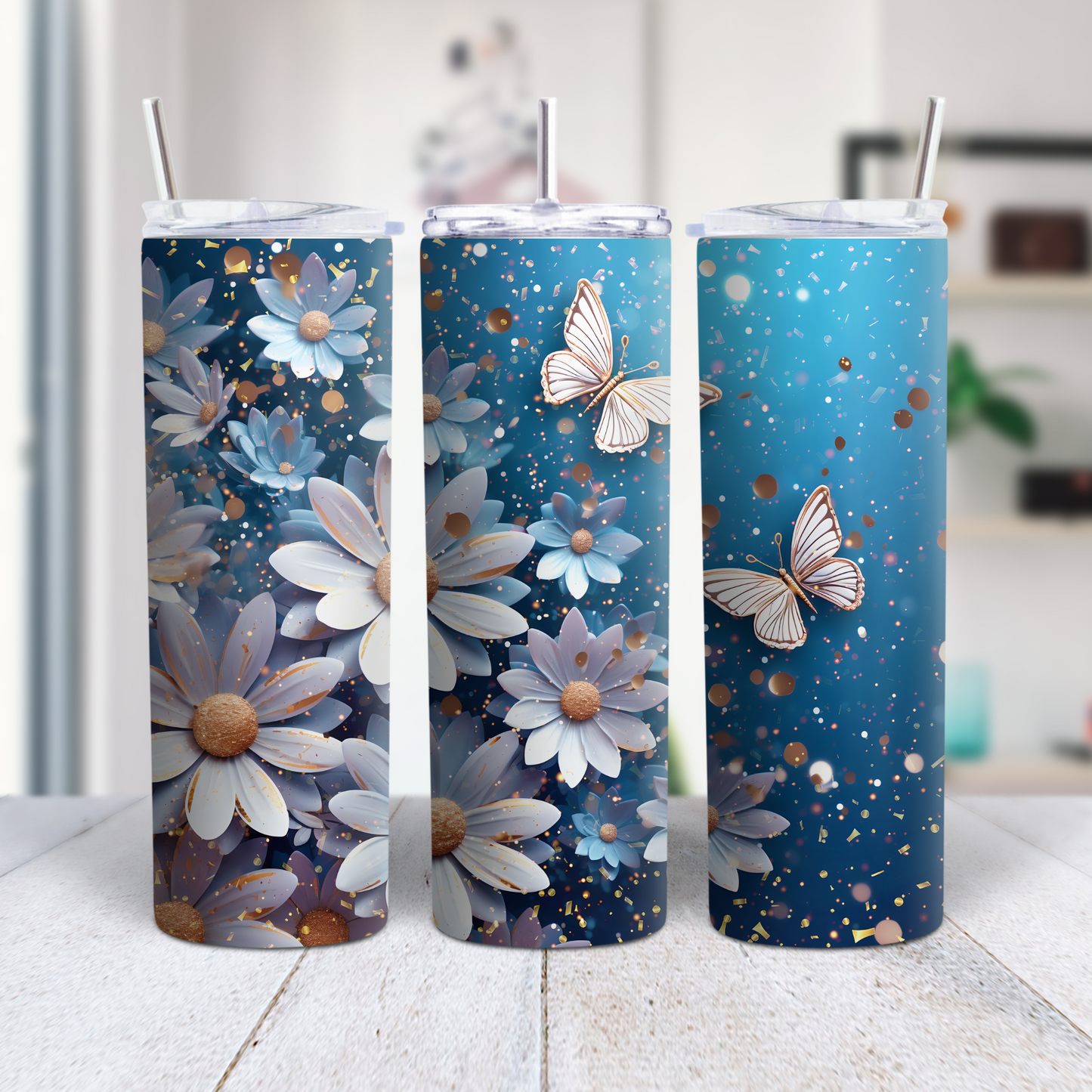 20 oz Stainless steel tumbler Blue white floral with butterflies
