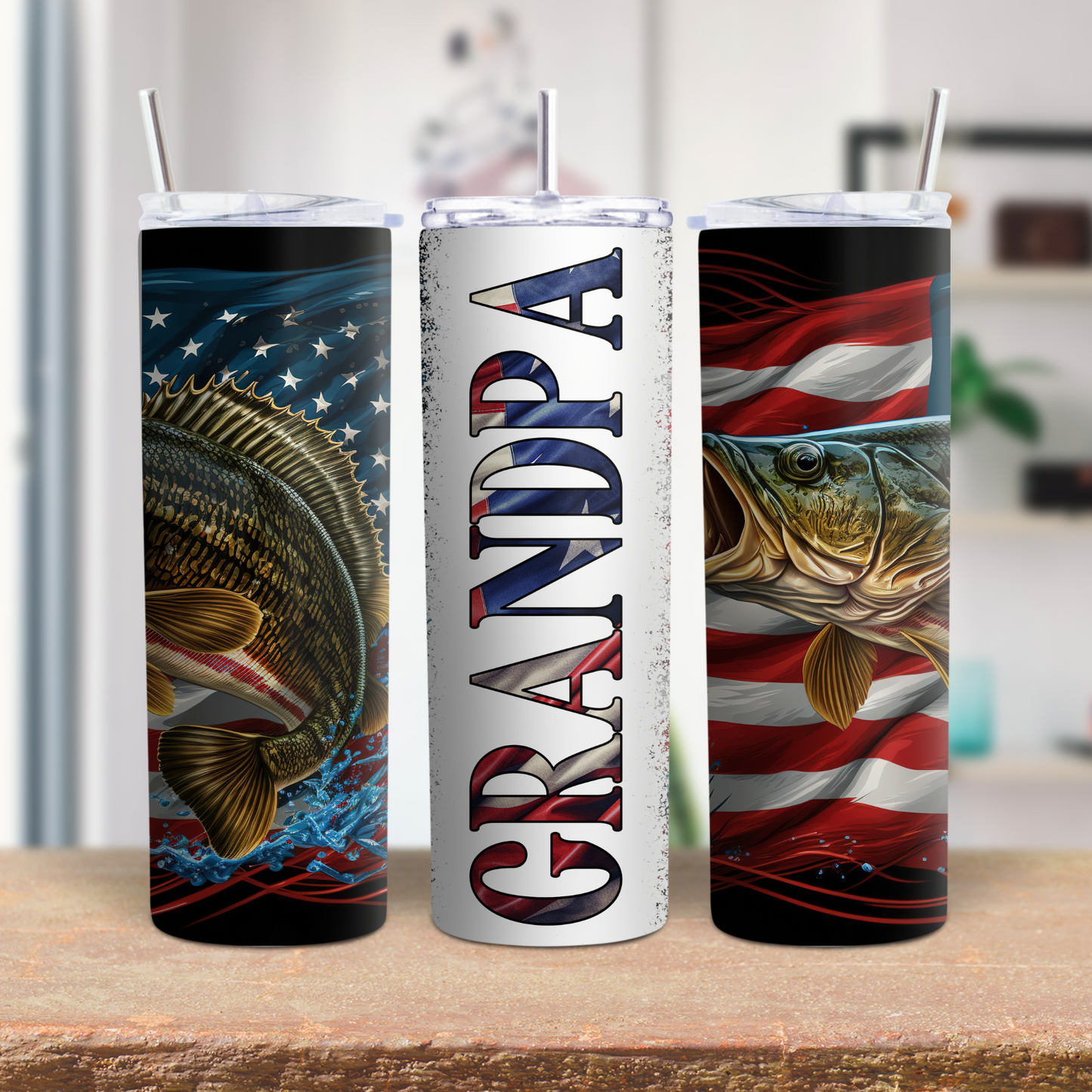 20 oz Stainless steel tumbler Grandpa Fishing with Flag