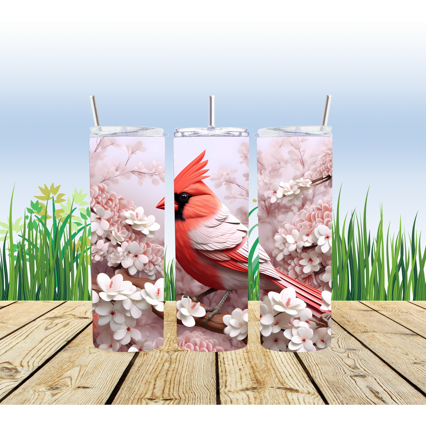 20 oz Stainless steel tumbler 3D floral cardinal bird