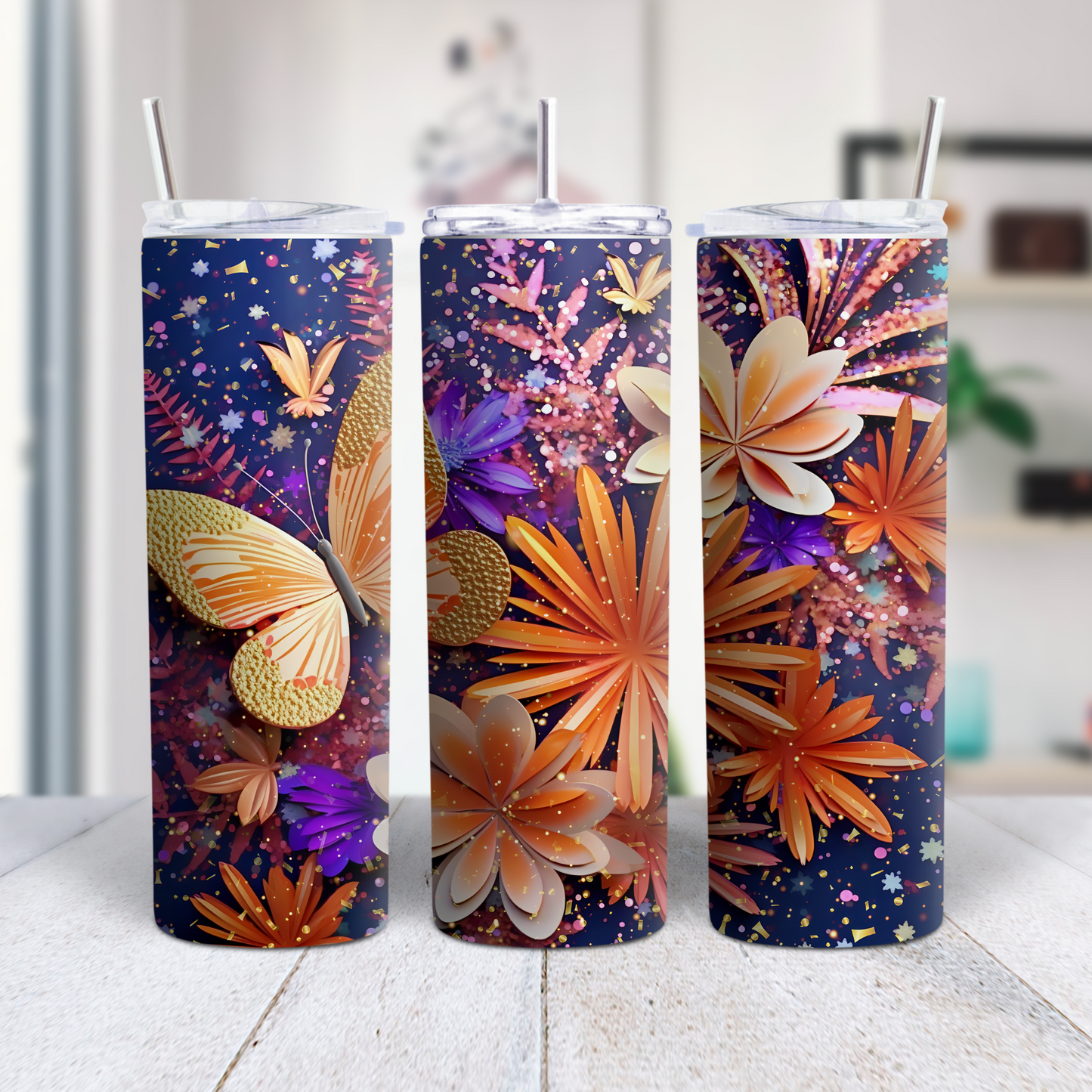 20 oz Stainless steel tumbler purple, orange floral & butterflies