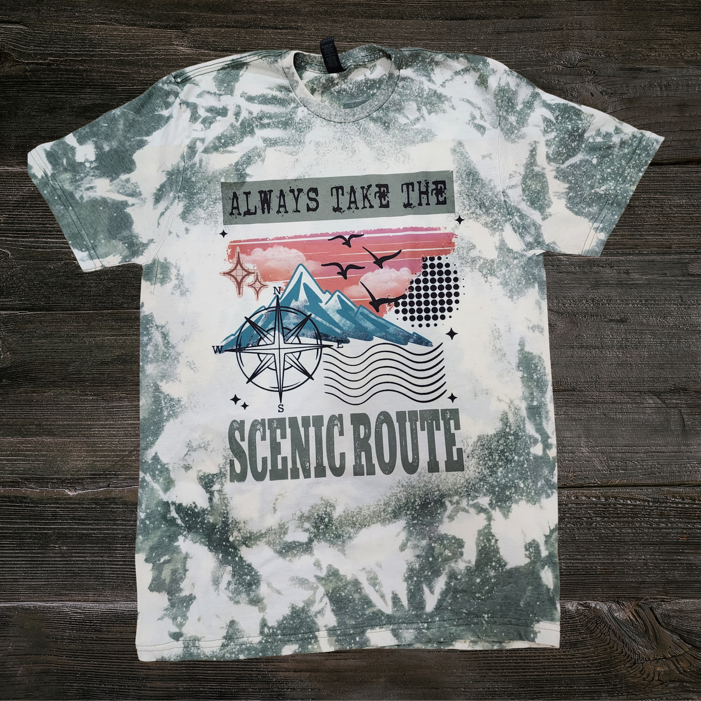 Bleached Sublimation tshirt. Take the scenic route