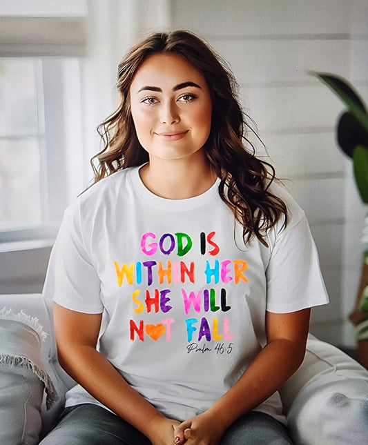 God is within her. Short sleeve sublimation T-shirt.