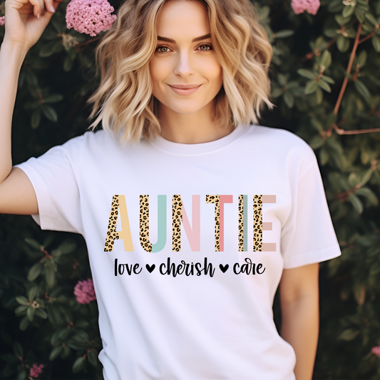 Auntie. Love, Cherish, Care. Short sleeve sublimation T-shirt