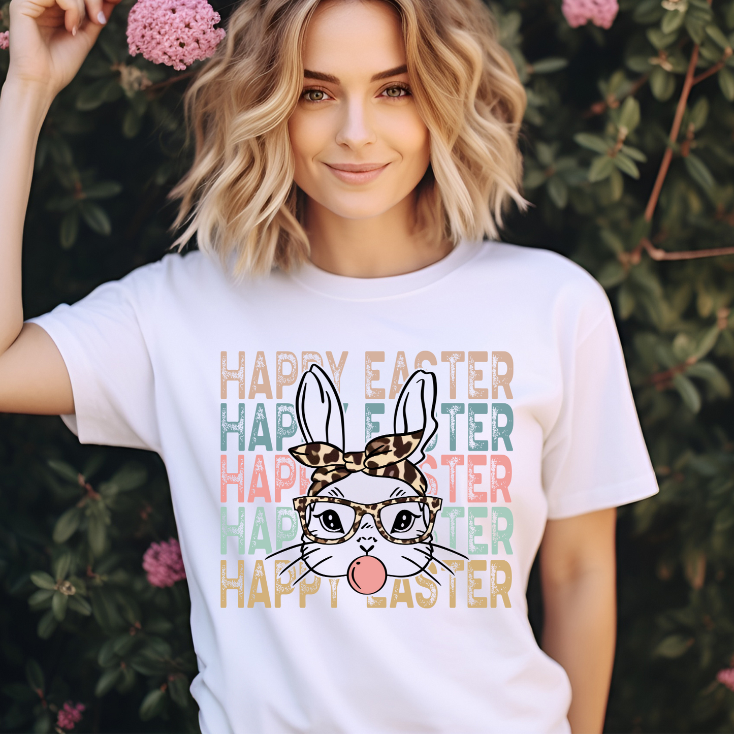 Happy Easter. Leopard Bunny. Short sleeve sublimation T-shirt