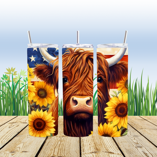 20 oz Stainless steel tumbler Sunflower Flag Highland Cow