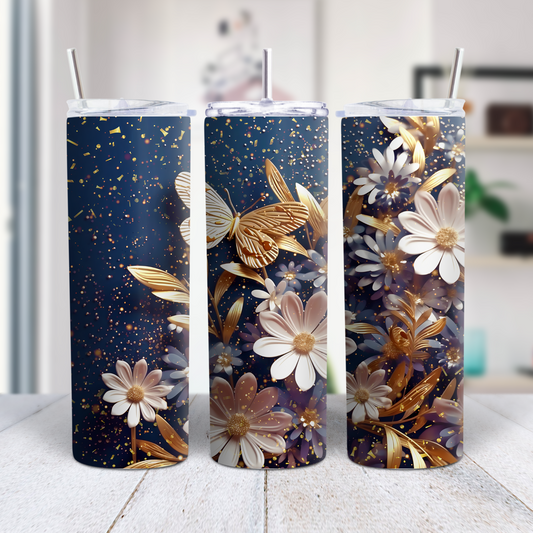 20 oz     Stainless steel tumbler Blue gold floral butterflies